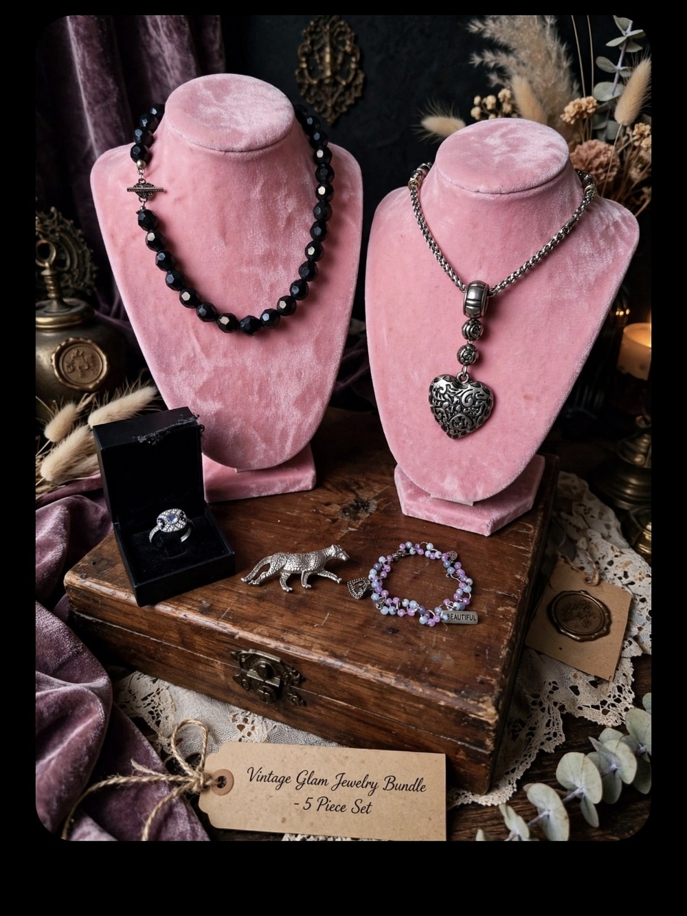 Brighton Silver Heart Pendant and Black Bead Necklace Set with 925 Leopard Pin